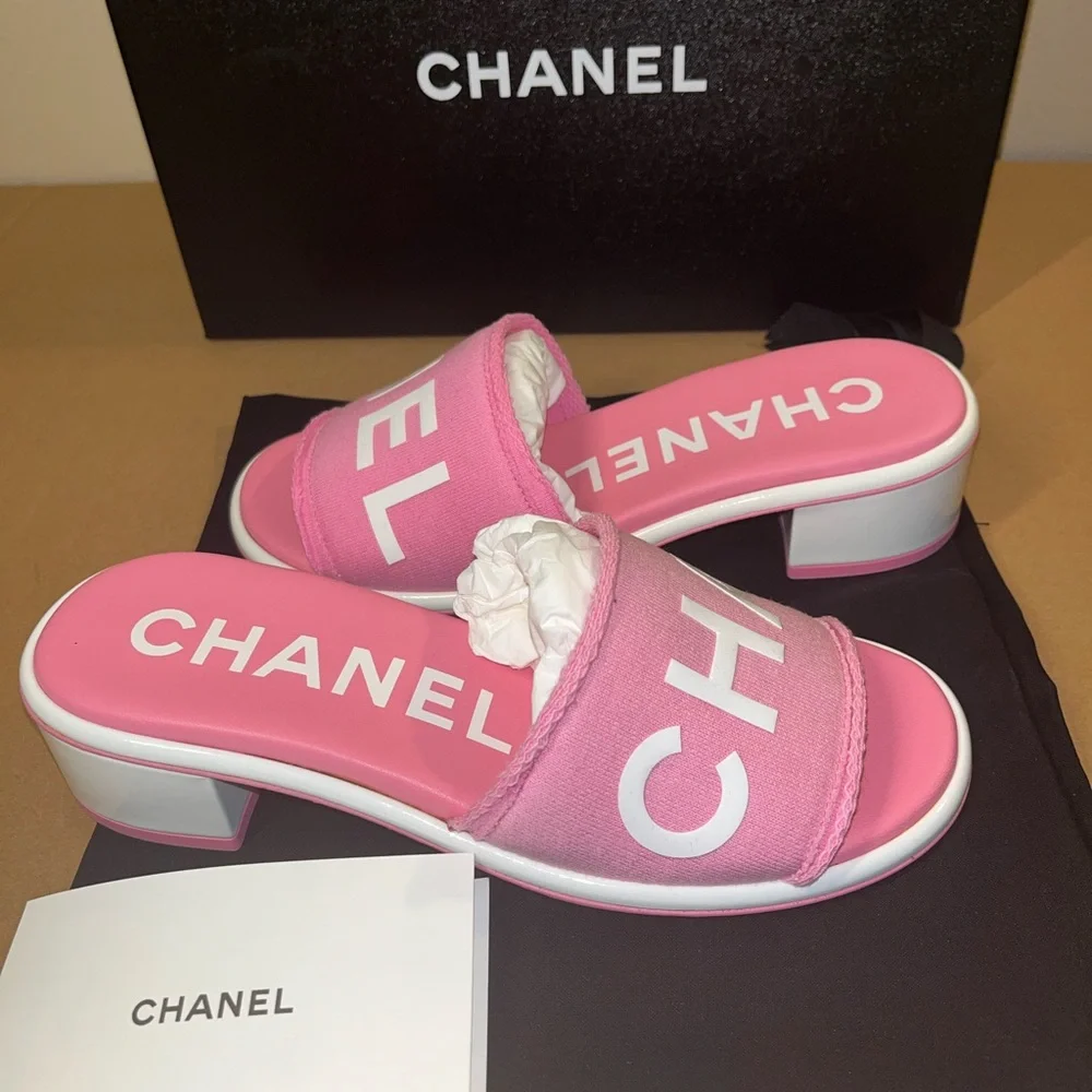 CHANEL Pink and White Logo Slide Sandals